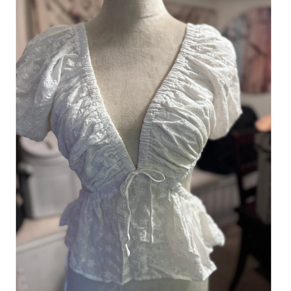 Lush White Eyelet‎ Lace Peplum Top Side Cutout Puff Sleeve Small Boho Tie Front